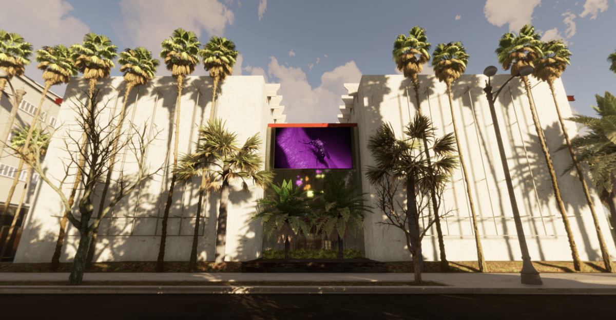 billboard with monochrome purple/magenta image of mosquito with sparkles, billboard installed on the facade of the Los Angeles County Museum of Art lined with palm trees on Wilshire Blvd. Los Angeles