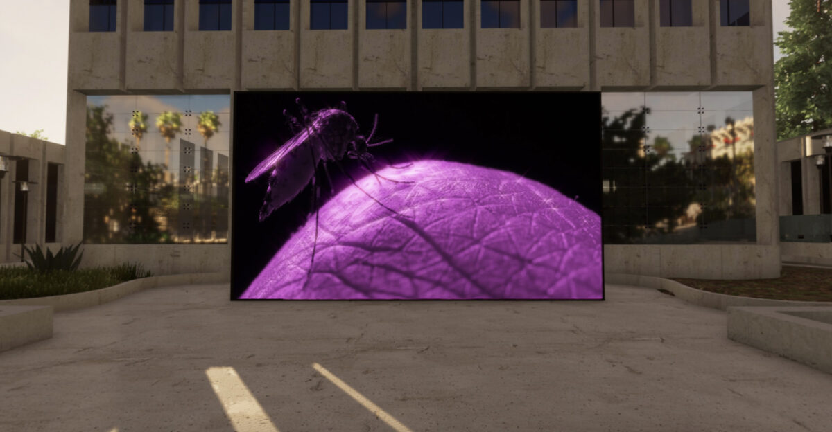 billboard with monochrome purple/magenta image of mosquito with sparkles, billboard situated in front of cement corporate building with grid of windows on Wilshire Blvd. Los Angeles