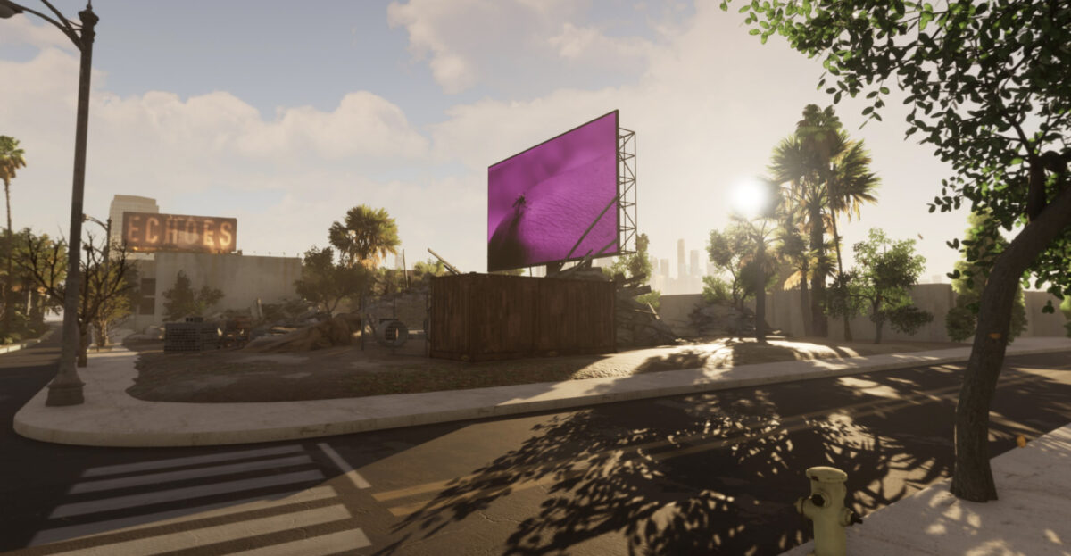 billboard with monochrome purple/magenta image of mosquito with sparkles, billboard situated in ruins of construction on Wilshire Blvd. Los Angeles