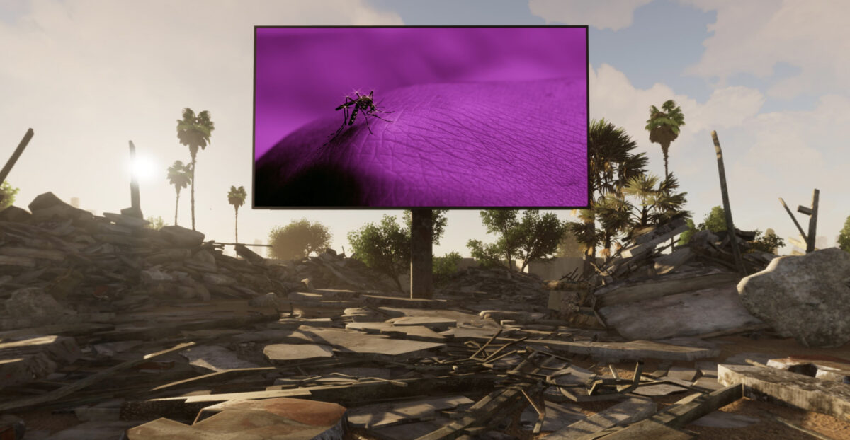 billboard with monochrome purple/magenta image of mosquito with sparkles, billboard situated in ruins of construction on Wilshire Blvd. Los Angeles